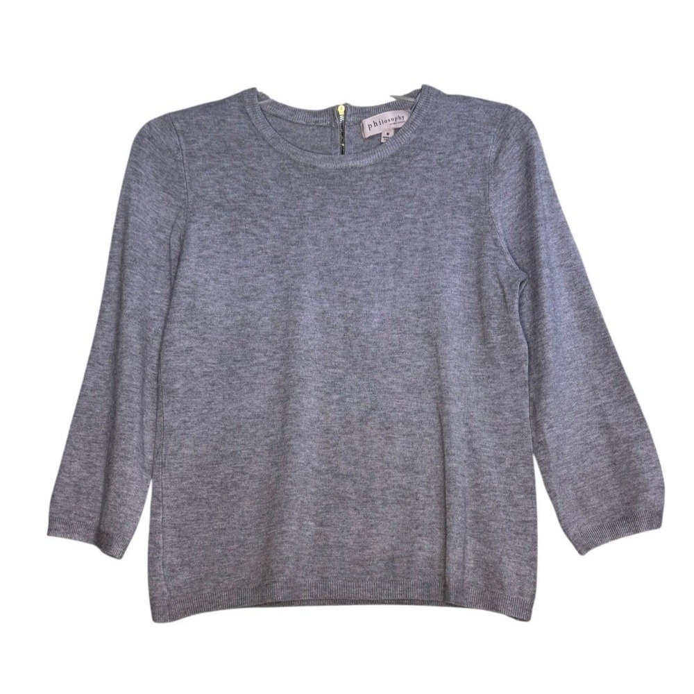 Philosophy Sweater Women Medium Gray Crewneck Back Zipper 3/4 Sleeve Pullover